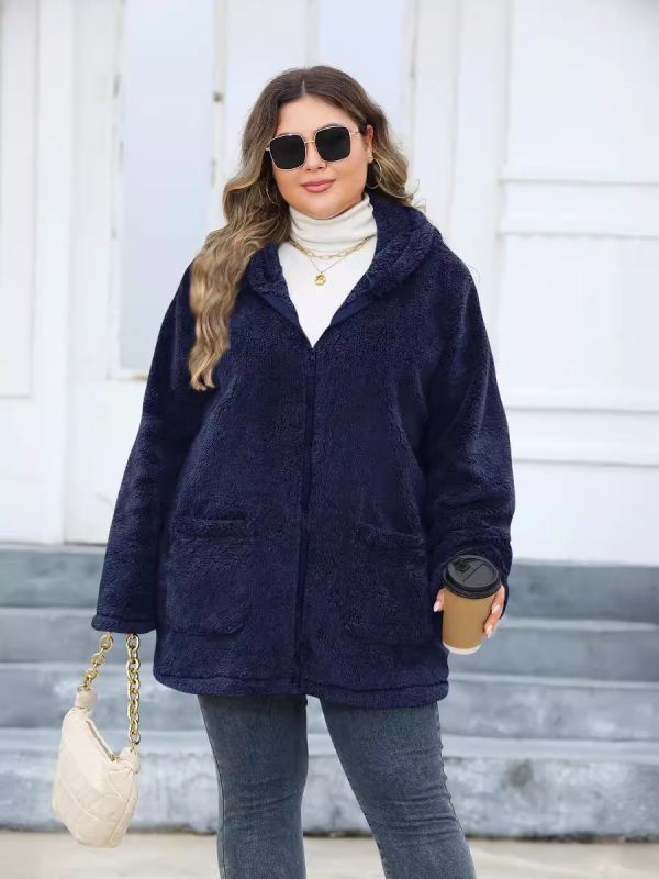 Moteriška kapuciuota pliušinė striukė iš poliesterio, japonų–korejiečių laisvalaikio stilius, poliesteris ≥95%, ilgos rankovės