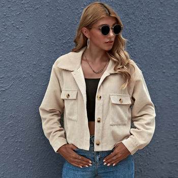 Corduroy γυναικείο σακάκι με πέτο, μονόχρωμο, ίσια γραμμή, μακριά μανίκια