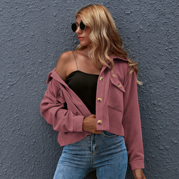 Corduroy γυναικείο σακάκι με πέτο, μονόχρωμο, ίσια γραμμή, μακριά μανίκια