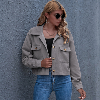 Corduroy γυναικείο σακάκι με πέτο, μονόχρωμο, ίσια γραμμή, μακριά μανίκια