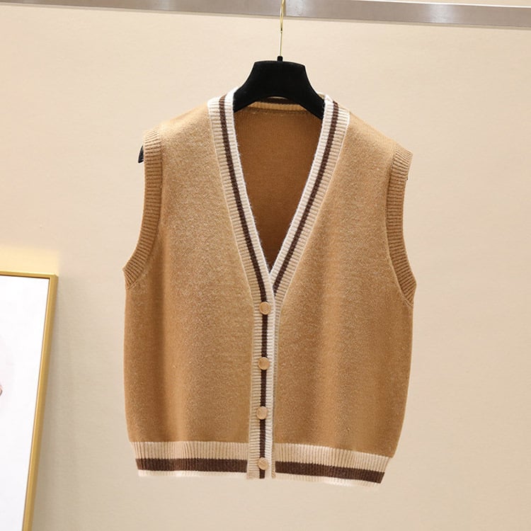 Πλεκτό γιλέκο-ζακέτα με V-λαιμό, χωρίς μανίκια, μπροστινό κλείσιμο με κουμπιά, βελούδινο ακρυλικό-πολυεστερικό μείγμα, φθινόπωρο 2024