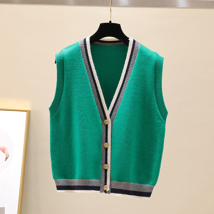 Πλεκτό γιλέκο-ζακέτα με V-λαιμό, χωρίς μανίκια, μπροστινό κλείσιμο με κουμπιά, βελούδινο ακρυλικό-πολυεστερικό μείγμα, φθινόπωρο 2024