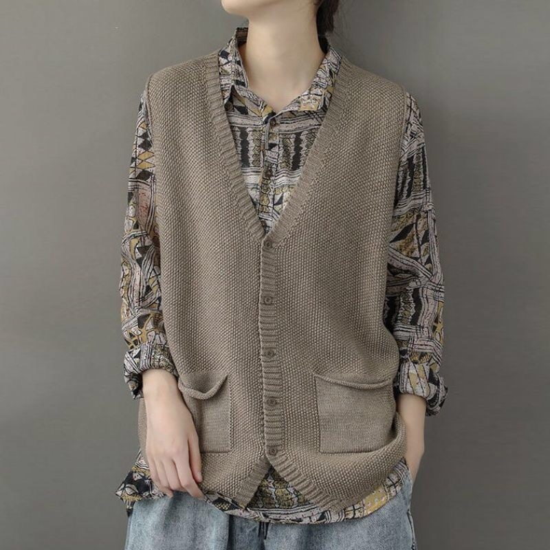 Βαμβακερό αμάνικο πλεκτό γιλέκο-ζακέτα, χωρίς γιακά, χαλαρή γραμμή, άνοιξη 2023, για γυναίκες, ιαπωνο-κορεατικό casual στυλ