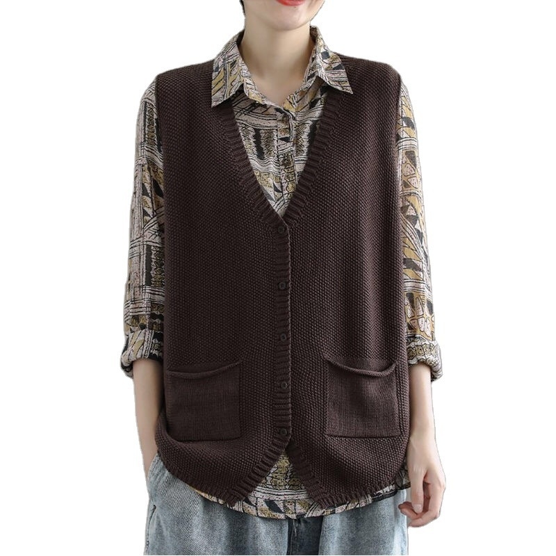 Βαμβακερό αμάνικο πλεκτό γιλέκο-ζακέτα, χωρίς γιακά, χαλαρή γραμμή, άνοιξη 2023, για γυναίκες, ιαπωνο-κορεατικό casual στυλ