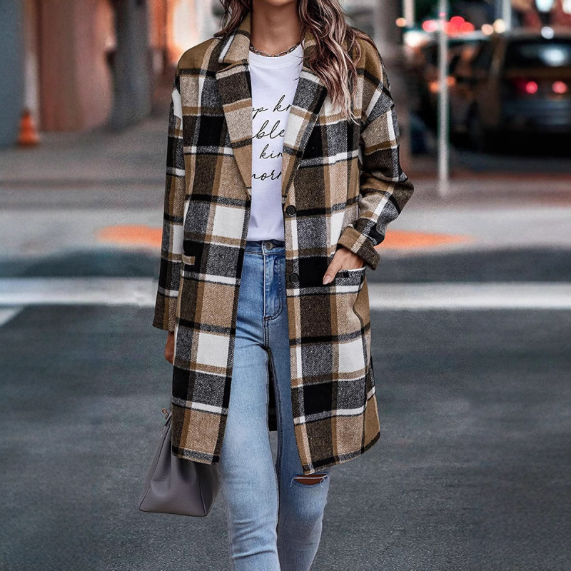 Moteriškas languotas vilnos paltas su apykakle-reveru, kišenėmis, laisvu kirpimu, vidutinio ilgio