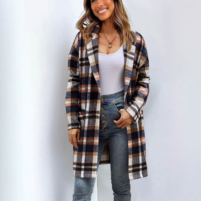 Moteriškas languotas vilnos paltas su apykakle-reveru, kišenėmis, laisvu kirpimu, vidutinio ilgio