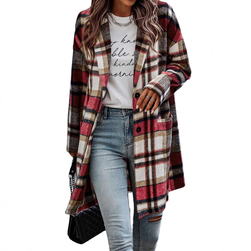 Moteriškas languotas vilnos paltas su apykakle-reveru, kišenėmis, laisvu kirpimu, vidutinio ilgio