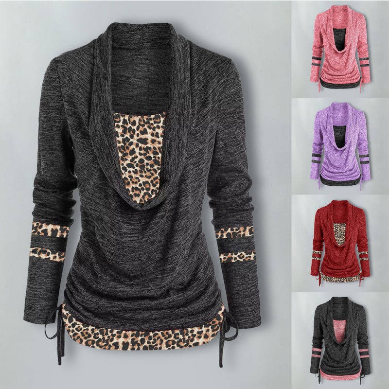 Top cu imprimeu leopard, set dublu fals, mâneci lungi, decolteu în formă de U, poliester (95%+)