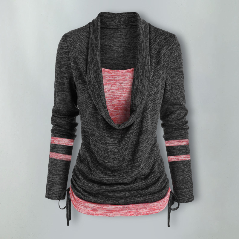 Top cu imprimeu leopard, set dublu fals, mâneci lungi, decolteu în formă de U, poliester (95%+)