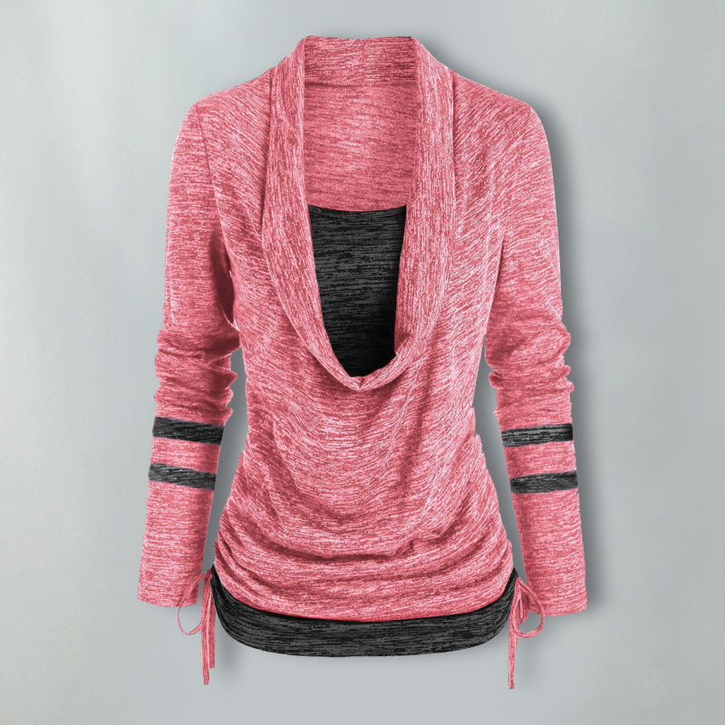 Top cu imprimeu leopard, set dublu fals, mâneci lungi, decolteu în formă de U, poliester (95%+)