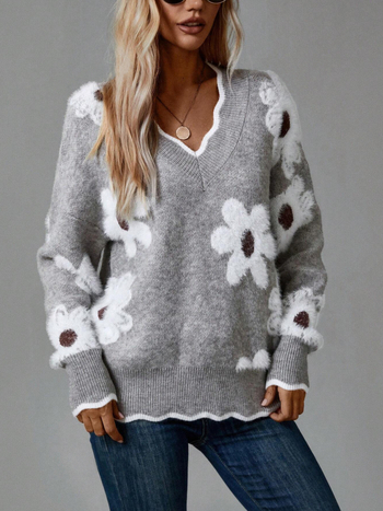 Ženski pulover s V-izrezom i čipkastim ovratnikom, jacquard floralna pletenina, srednje debljine, mješavina akril/nylon