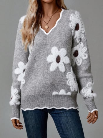 Ženski pulover s V-izrezom i čipkastim ovratnikom, jacquard floralna pletenina, srednje debljine, mješavina akril/nylon