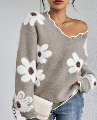 Ženski pulover s V-izrezom i čipkastim ovratnikom, jacquard floralna pletenina, srednje debljine, mješavina akril/nylon