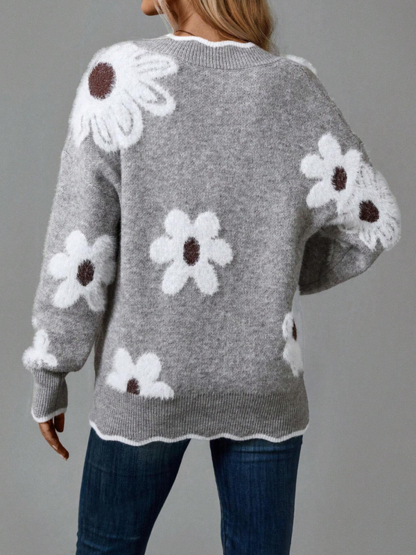 Ženski pulover s V-izrezom i čipkastim ovratnikom, jacquard floralna pletenina, srednje debljine, mješavina akril/nylon