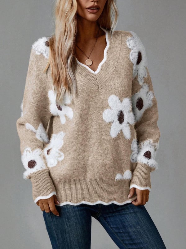 Ženski pulover s V-izrezom i čipkastim ovratnikom, jacquard floralna pletenina, srednje debljine, mješavina akril/nylon