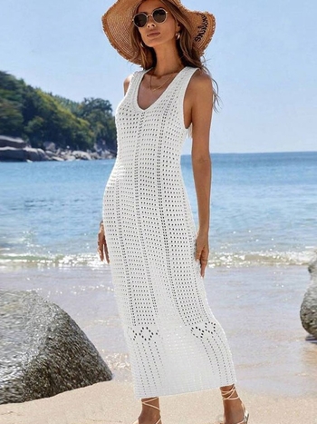 Γυναικεία πλεκτή φόρεμα-κάλυμμα παραλίας, χωρίς μανίκια, μονόχρωμο; 75% ακρυλικό κύριο ύφασμα, 25% ακρυλική επένδυση; βάρος 330 g