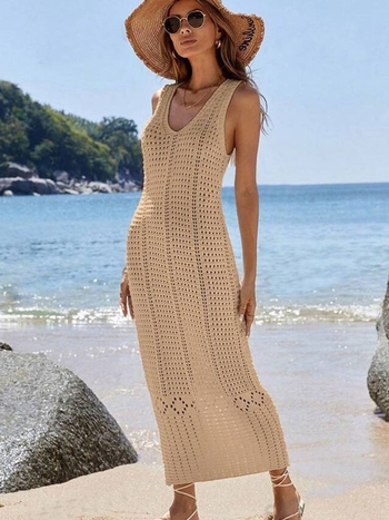 Γυναικεία πλεκτή φόρεμα-κάλυμμα παραλίας, χωρίς μανίκια, μονόχρωμο; 75% ακρυλικό κύριο ύφασμα, 25% ακρυλική επένδυση; βάρος 330 g