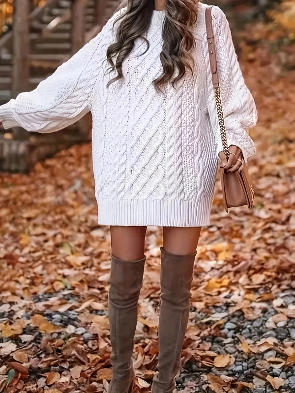 Ženska pletena haljina, priljubljen siluet bokova, okrugli izrez, dugi rukavi, poliester 95%+, ručno kukičanje