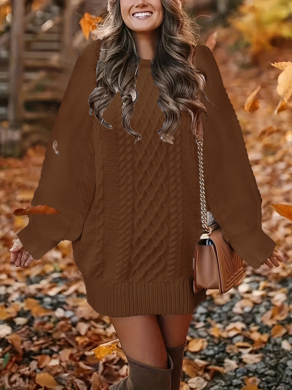 Ženska pletena haljina, priljubljen siluet bokova, okrugli izrez, dugi rukavi, poliester 95%+, ručno kukičanje