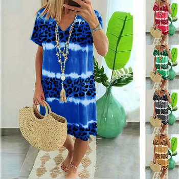 Ženska haljina leopard printom, midi duljina, V-izrez, kratki rukavi, poliester