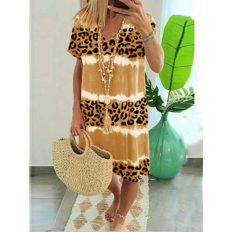 Ženska haljina leopard printom, midi duljina, V-izrez, kratki rukavi, poliester