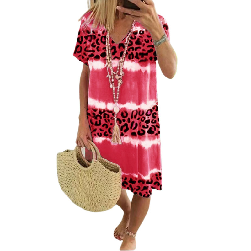 Ženska haljina leopard printom, midi duljina, V-izrez, kratki rukavi, poliester