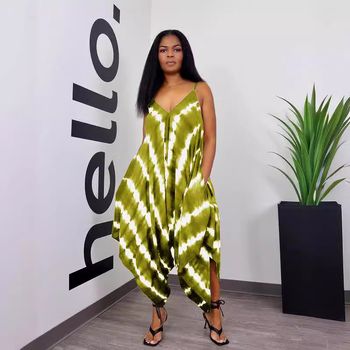 BX6099 Женски гащеризон с принт, свободни презрамки, странично разкрояване, дължина до глезена, средна талия, висока еластичност, материя: смес от химически влакна, 80–90% полиестер, ежедневен стил