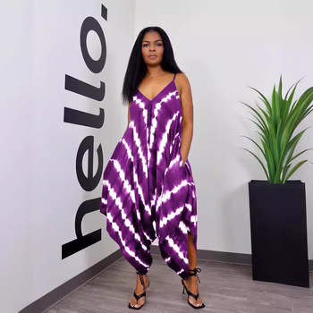 BX6099 Женски гащеризон с принт, свободни презрамки, странично разкрояване, дължина до глезена, средна талия, висока еластичност, материя: смес от химически влакна, 80–90% полиестер, ежедневен стил