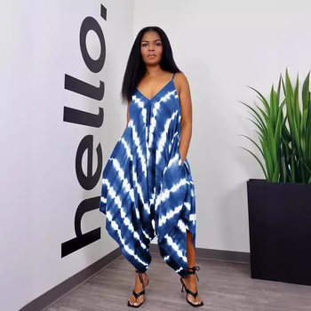 BX6099 Женски гащеризон с принт, свободни презрамки, странично разкрояване, дължина до глезена, средна талия, висока еластичност, материя: смес от химически влакна, 80–90% полиестер, ежедневен стил