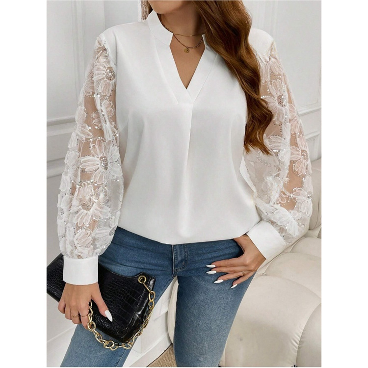 Moteriški marškiniai su ilgomis rankovėmis, stovimas apykaklė, laisvas kirpimas, poliesteris, pavasaris 2025