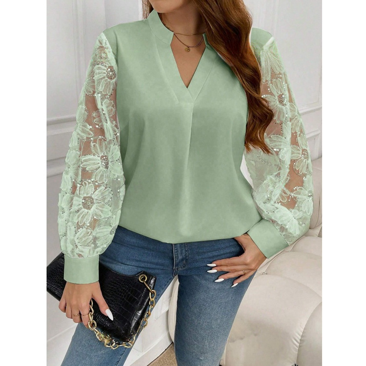 Moteriški marškiniai su ilgomis rankovėmis, stovimas apykaklė, laisvas kirpimas, poliesteris, pavasaris 2025