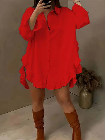 Риза с свободен силует, дълги ръкави, рюш на подгъва, полиестер 95%+, средна дължина, яка на риза