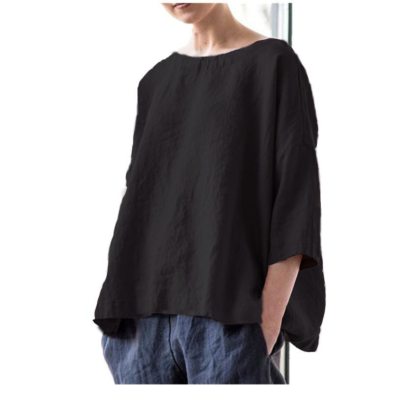 Bluza — boemski retro stil, okrugli izrez, labav kroj (pamuk-poliester smjesa; glavni udio vlakna 50–70%)