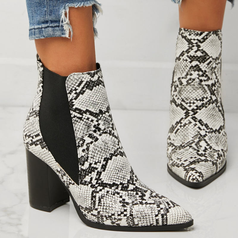 Γυναικεία μποτάκια Chelsea με μυτερό άκρο, PU επάνω μέρος, παχύ τακούνι 6–8 cm, πλευρικό ελαστικό κλείσιμο (ύψος τακουνιού 6–8 cm)