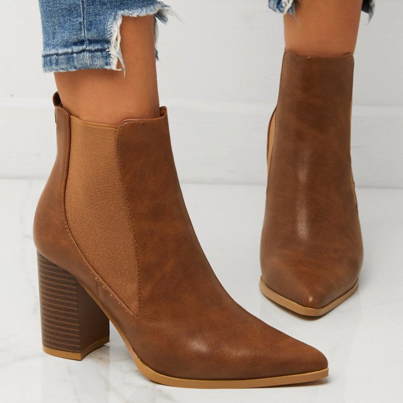 Γυναικεία μποτάκια Chelsea με μυτερό άκρο, PU επάνω μέρος, παχύ τακούνι 6–8 cm, πλευρικό ελαστικό κλείσιμο (ύψος τακουνιού 6–8 cm)