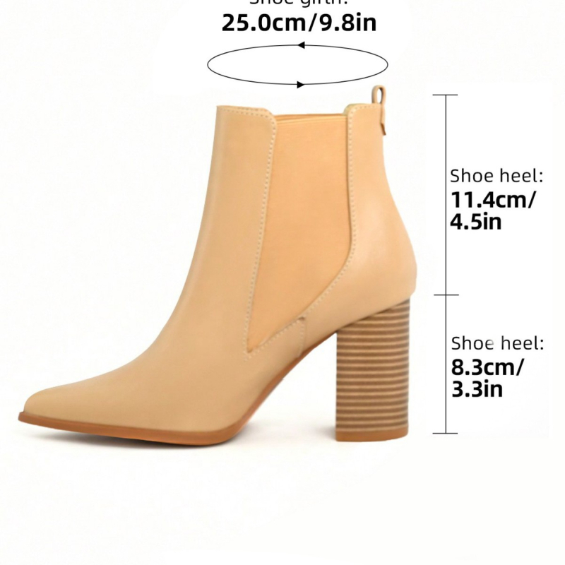 Γυναικεία μποτάκια Chelsea με μυτερό άκρο, PU επάνω μέρος, παχύ τακούνι 6–8 cm, πλευρικό ελαστικό κλείσιμο (ύψος τακουνιού 6–8 cm)
