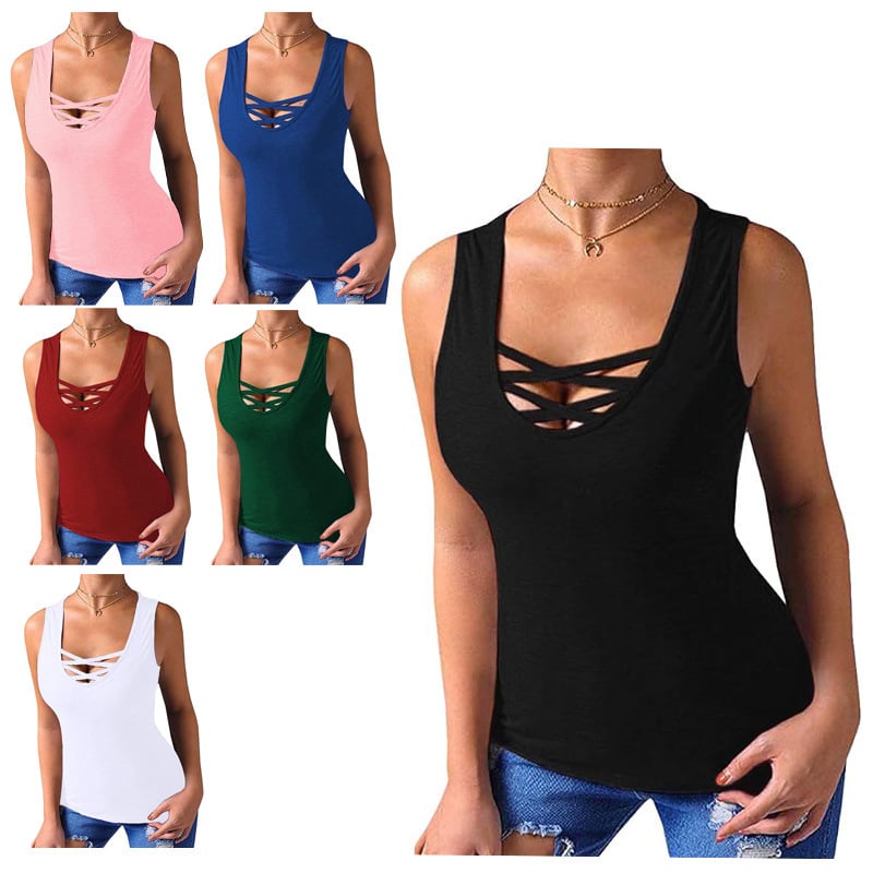 Tricou fără mâneci din poliester, cu design încrucișat, stil casual basic, guler U, lungime scurtă, toamnă 2023, stil japano-coreean de relaxare