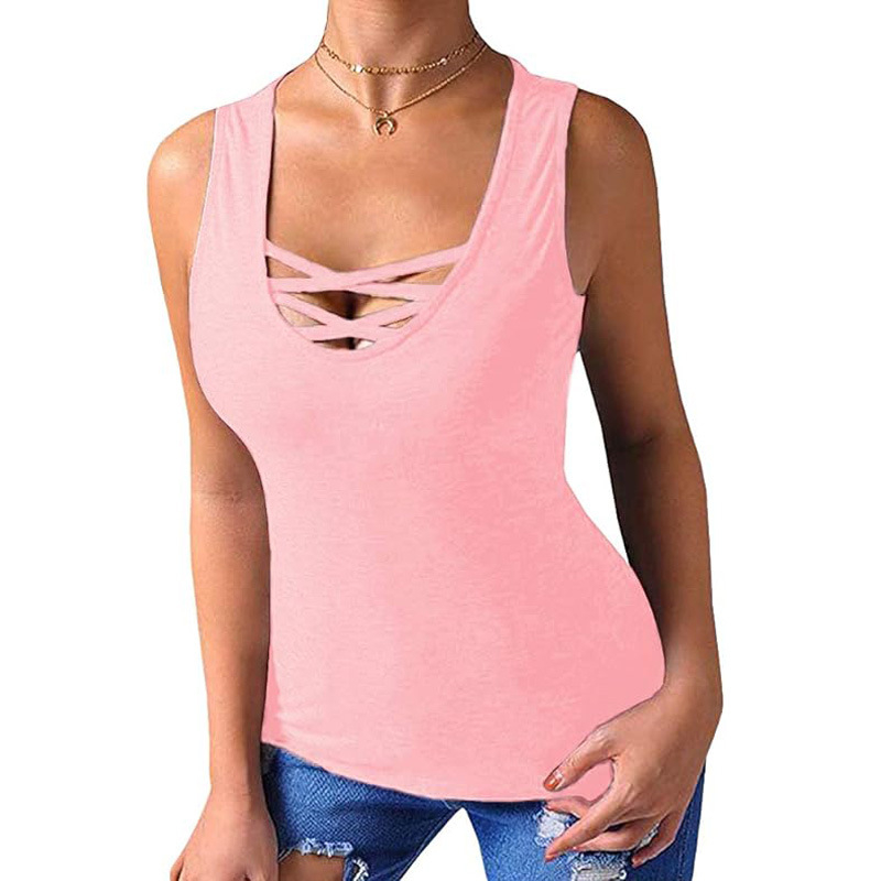 Tricou fără mâneci din poliester, cu design încrucișat, stil casual basic, guler U, lungime scurtă, toamnă 2023, stil japano-coreean de relaxare
