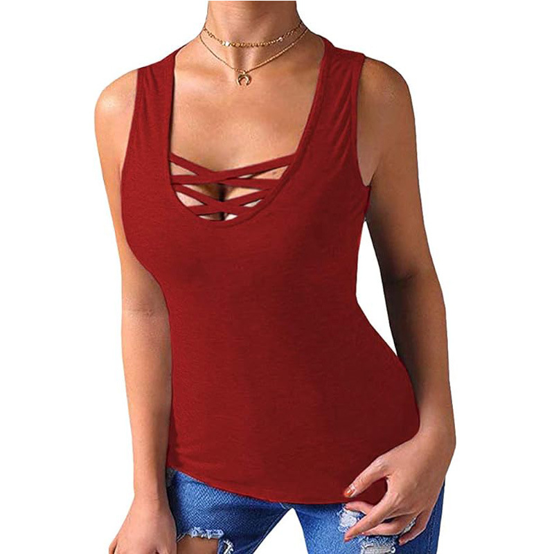 Tricou fără mâneci din poliester, cu design încrucișat, stil casual basic, guler U, lungime scurtă, toamnă 2023, stil japano-coreean de relaxare