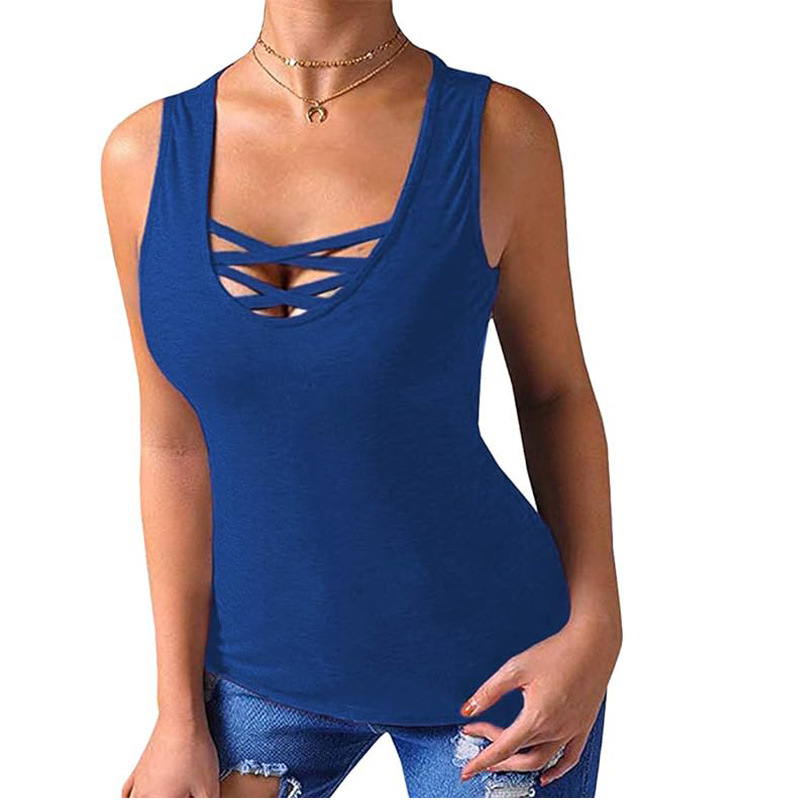 Tricou fără mâneci din poliester, cu design încrucișat, stil casual basic, guler U, lungime scurtă, toamnă 2023, stil japano-coreean de relaxare