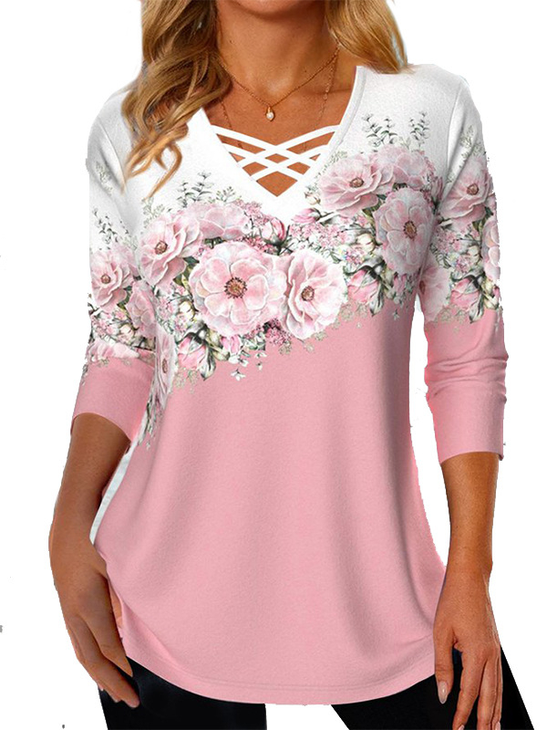 Tricou cu imprimeu floral, decolteu în V, mâneci lungi, croială lejeră, material poliester-spandex