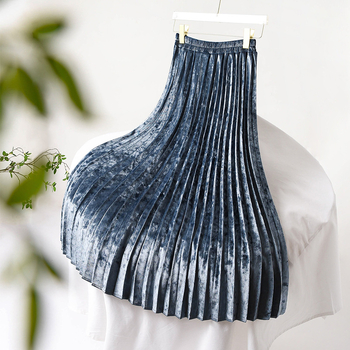 Corduroy πλισέ φούστα μέσου μήκους, μονόχρωμο σχέδιο, διπλωμένες πιέτες