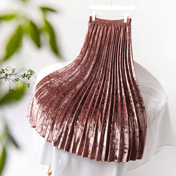 Corduroy πλισέ φούστα μέσου μήκους, μονόχρωμο σχέδιο, διπλωμένες πιέτες