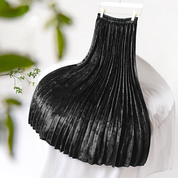 Corduroy πλισέ φούστα μέσου μήκους, μονόχρωμο σχέδιο, διπλωμένες πιέτες