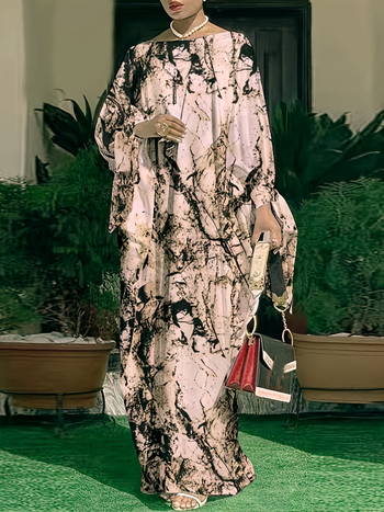 Φόρεμα πάρτι με γεωμετρικό μοτίβο, μακριά φούστα, στρογγυλός λαιμός, μακριά μανίκια