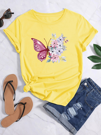 Μπλούζα T-shirt από βαμβάκι με εκτύπωση πεταλουδιών και λουλουδιών, στρογγυλή λαιμόκοψη, κοντά μανίκια, άνετη γραμμή
