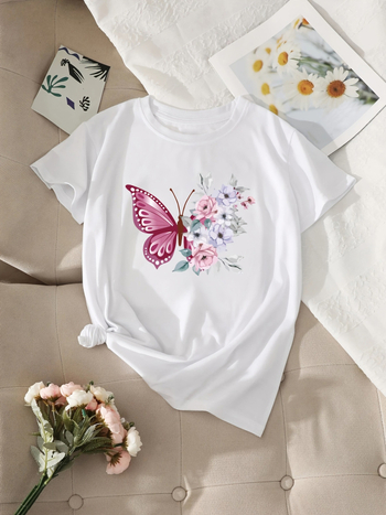 Μπλούζα T-shirt από βαμβάκι με εκτύπωση πεταλουδιών και λουλουδιών, στρογγυλή λαιμόκοψη, κοντά μανίκια, άνετη γραμμή