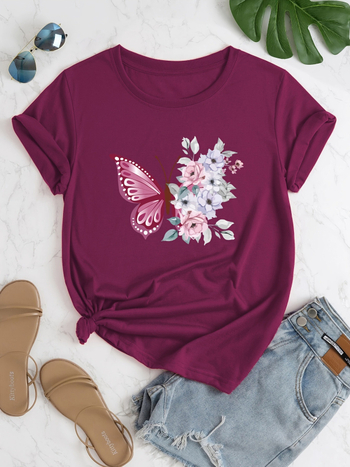 Μπλούζα T-shirt από βαμβάκι με εκτύπωση πεταλουδιών και λουλουδιών, στρογγυλή λαιμόκοψη, κοντά μανίκια, άνετη γραμμή