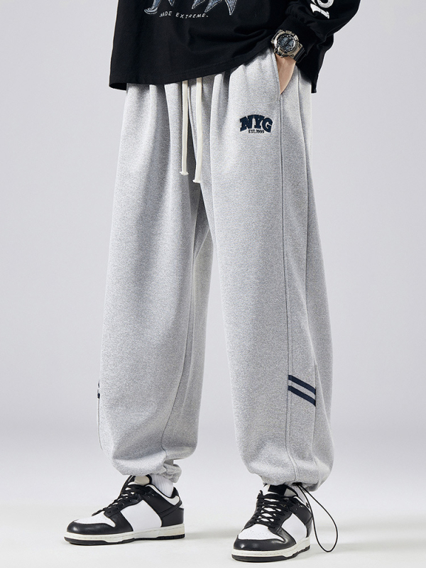 Pantaloni sport casual largi pentru bărbați, croi drept, talie medie, 95% poliester, broderie