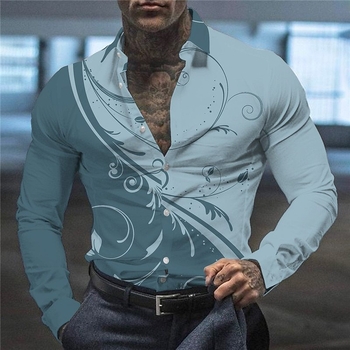 Vyriniai marškiniai su ilgu rankovėmis, 3D spauda, apykaklė su lapeliu, laisvas kirpimas, 90% poliesteris
